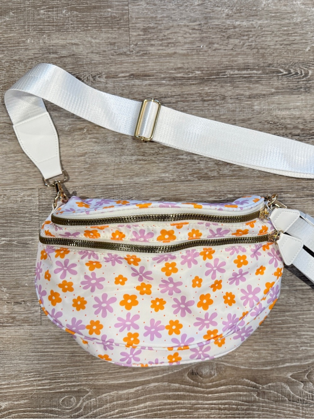 White Floral Crossbody Bag with Orange & Lavender Flowers